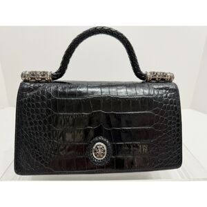 Vintage Brighton BlackLeather CrocEmbossed BraidedHandle SilverToneHardware Bag